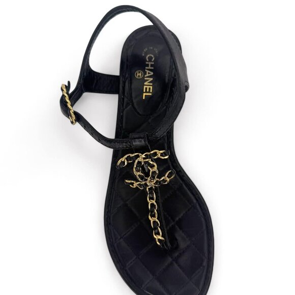 CHANEL Black & Gold CC Logo T-Strap Leather Sandals IT36 - Picture 3 of 10